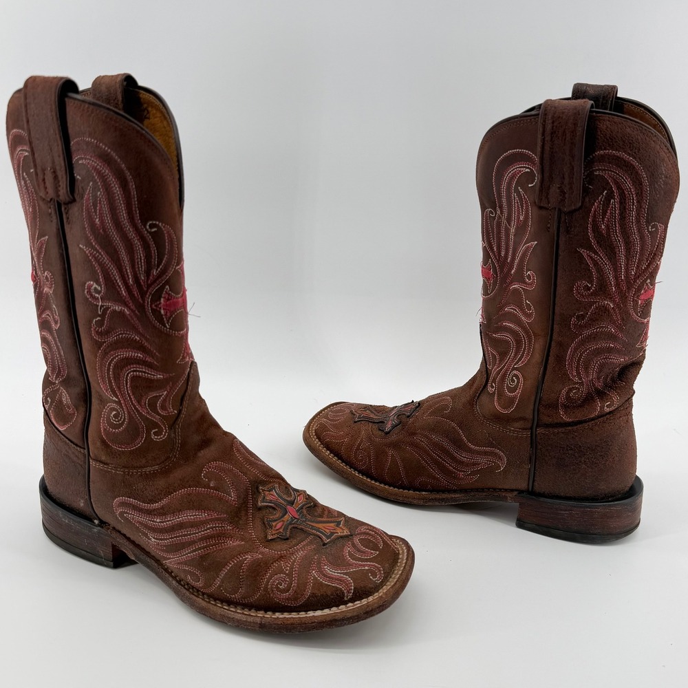 Tony Lama Women's 6.5 B Brown Western Cowboy Boots Square Toe Cross Embroidery - Picture 2 of 9